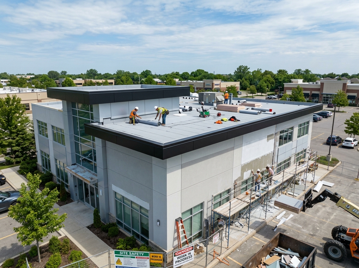 Commercial facility roof restoration in progress