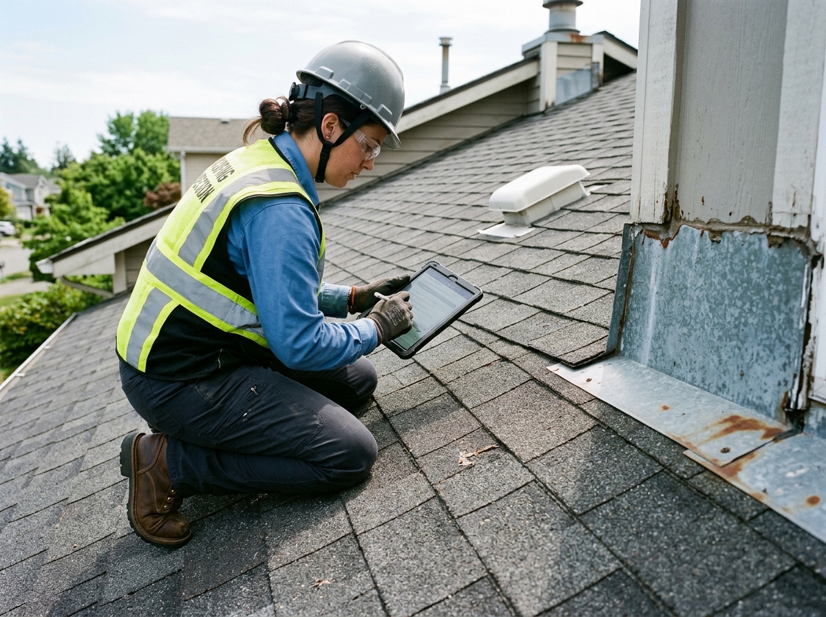 Inspector documenting roof condition on digital tablet