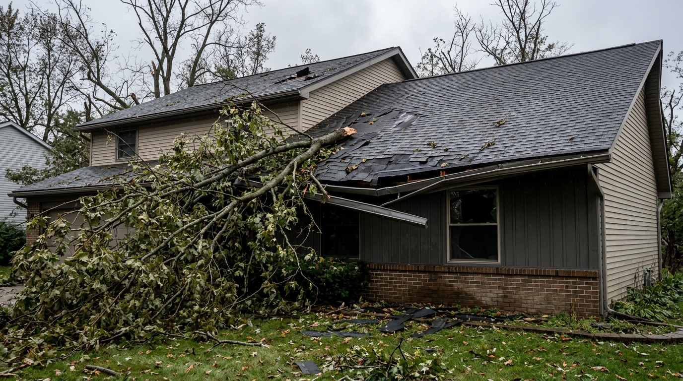 Residential exterior with fallen tree branch and storm damage